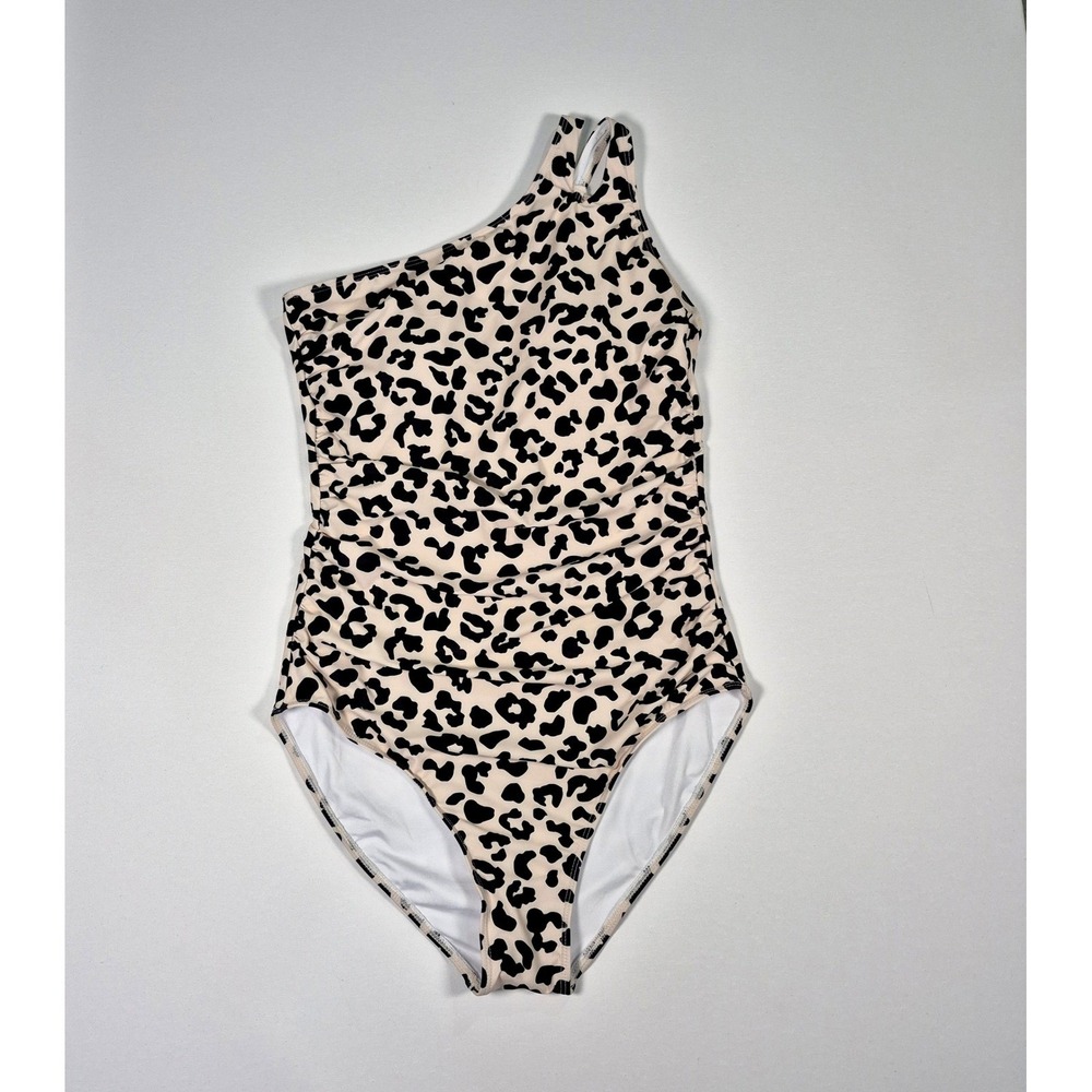 Holipick Leopard Print One‎ Shoulder Tummy Control One Piece Swimsuit Tan Black